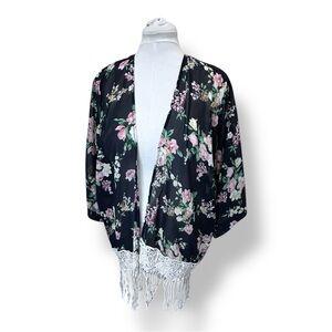 Rachael & Chloe Women’s Open Front Kimono Cardigan Top Whimsigoth Black Floral M